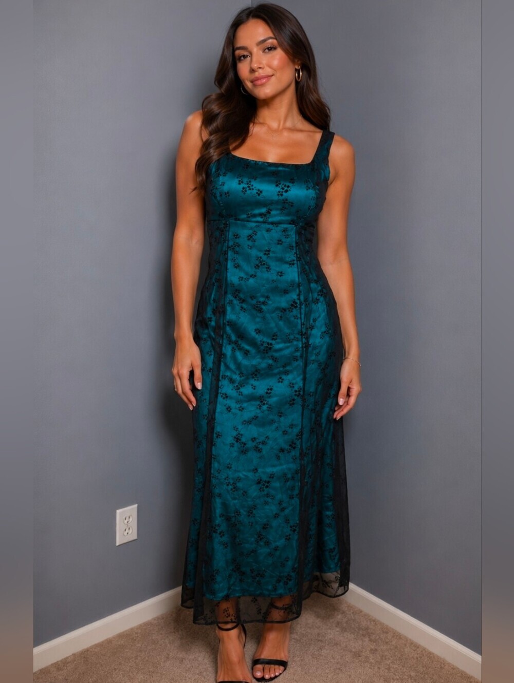 Sleeveless Teal Maxi Dress with Black Lace Overlay